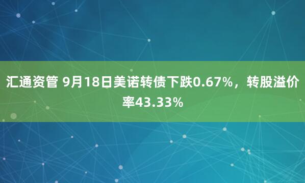 汇通资管 9月18日美诺转债下跌0.67%，转股溢价率43.33%